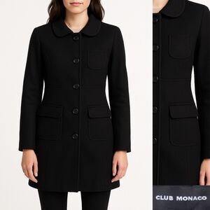 Club Monaco Womens Black Collared Long Sleeve Pockets Trench Coat Size XP WOOL